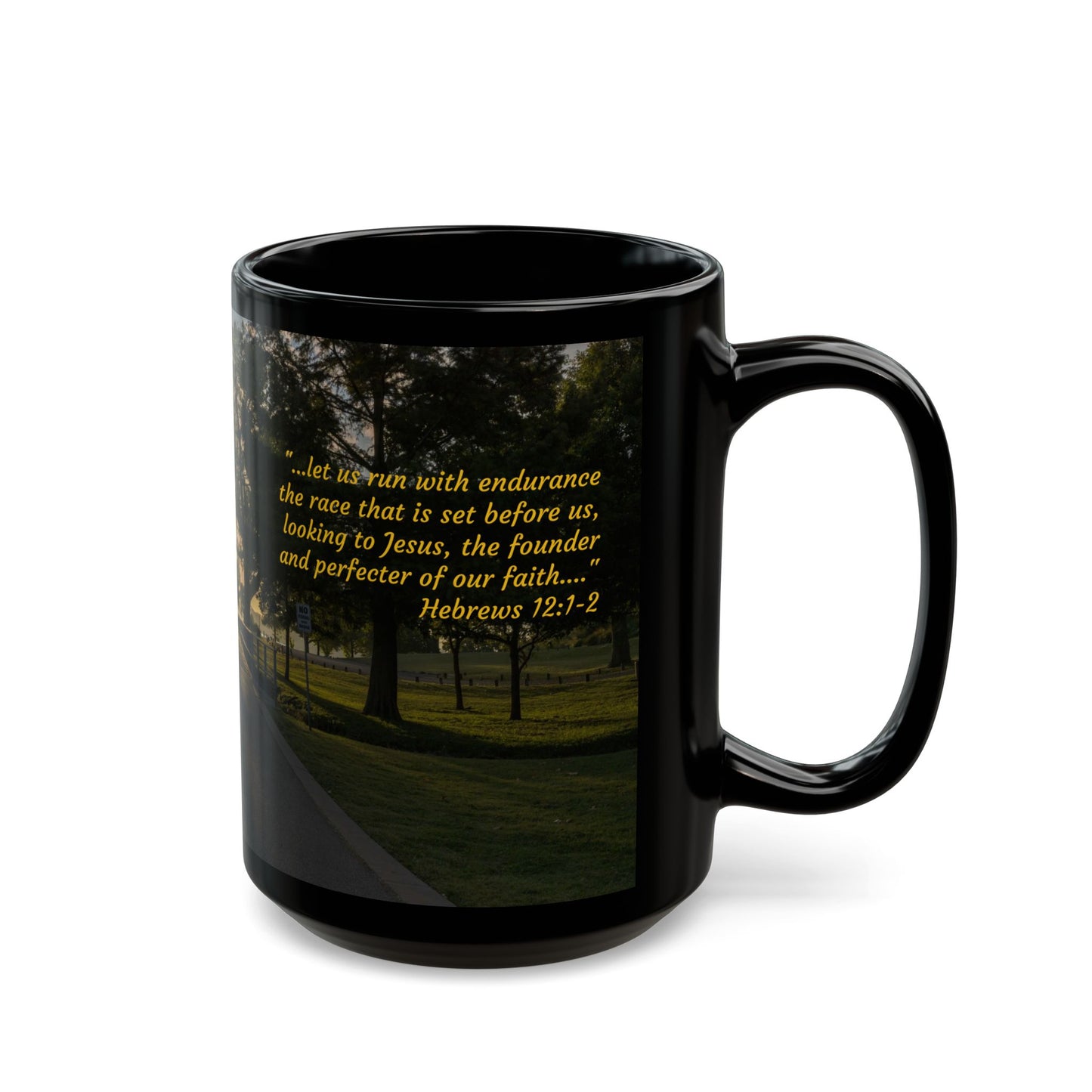 Black Coffee Mug (11oz, 15oz) -- White Rock Sunrise / Run with endurance (Hebrews 12:1-2)