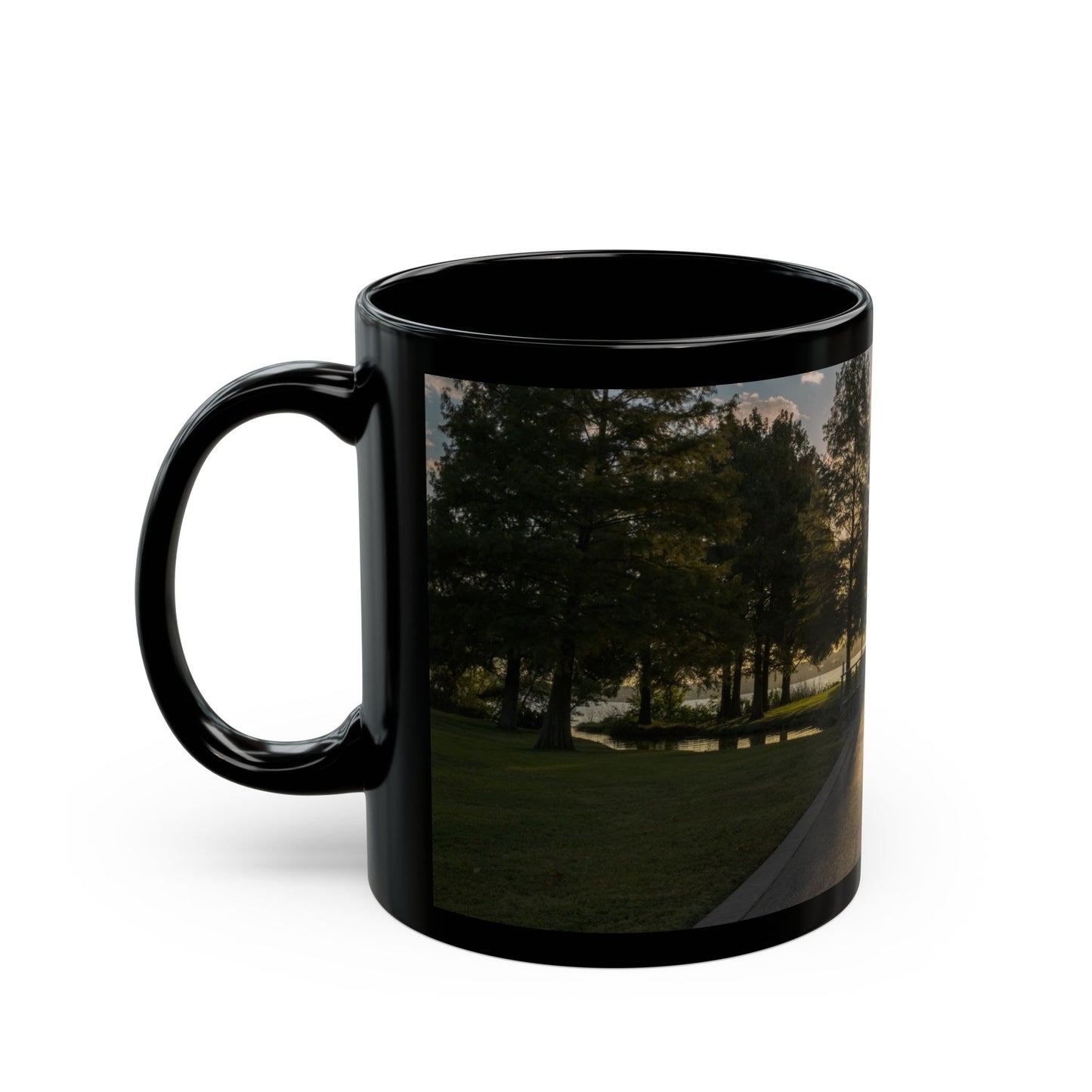 Black Coffee Mug (11oz, 15oz) -- White Rock Sunrise on the Path