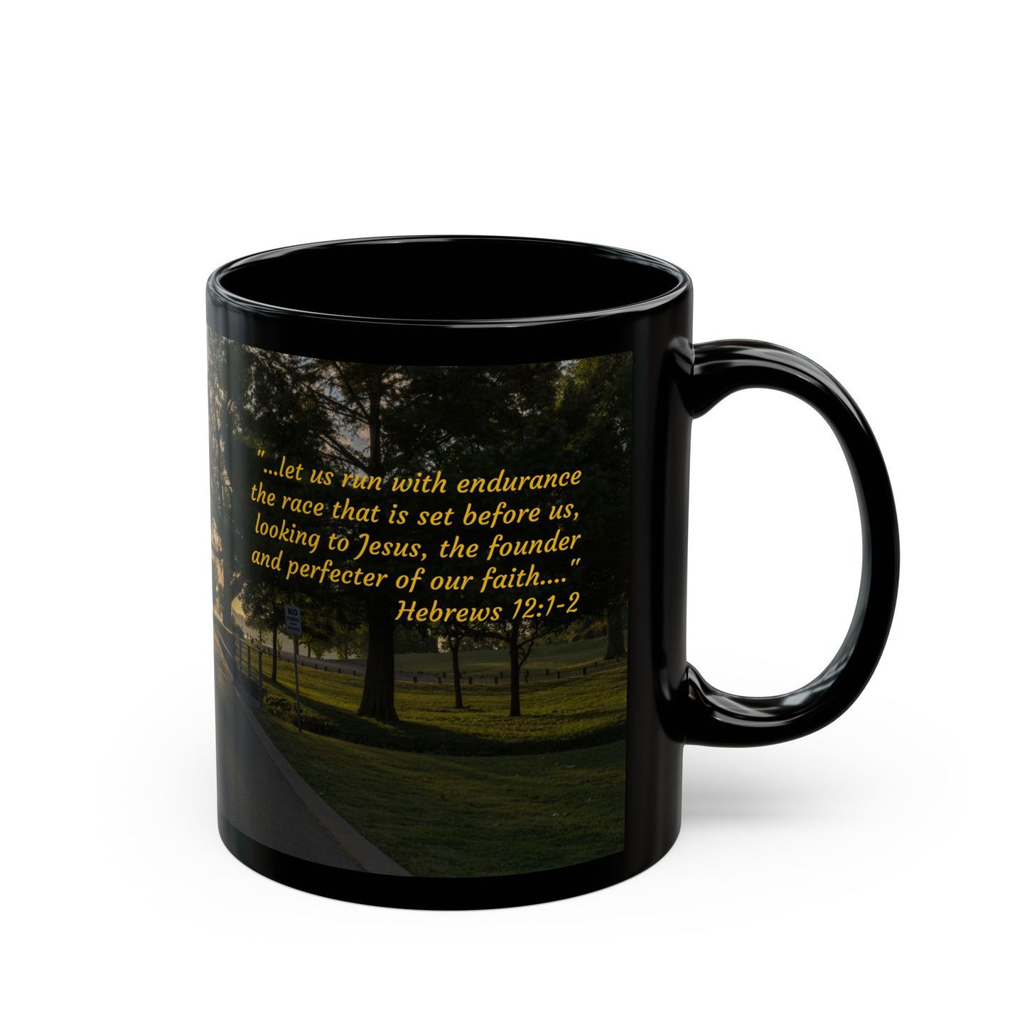 Black Coffee Mug (11oz, 15oz) -- White Rock Sunrise / Run with endurance (Hebrews 12:1-2)
