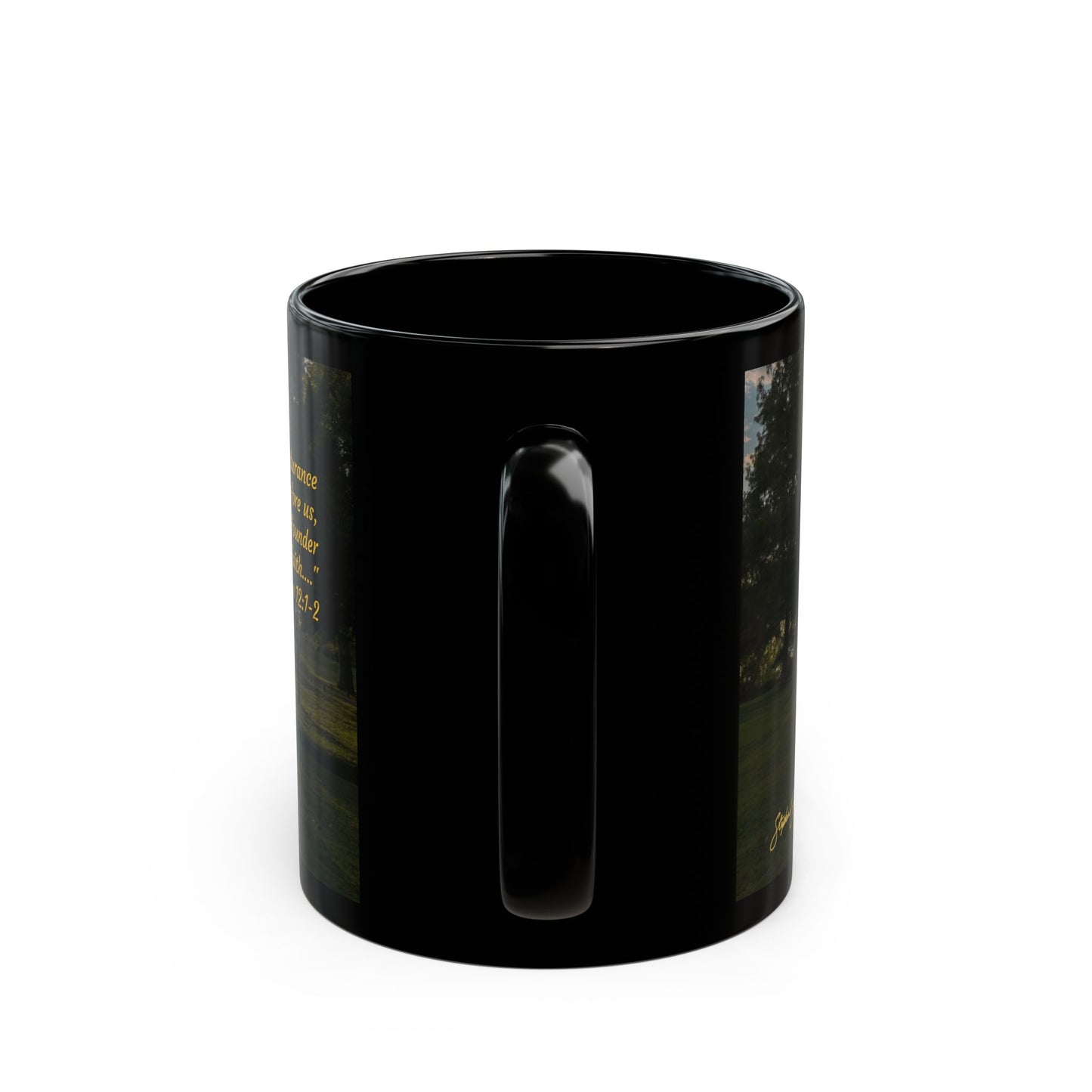 Black Coffee Mug (11oz, 15oz) -- White Rock Sunrise / Run with endurance (Hebrews 12:1-2)