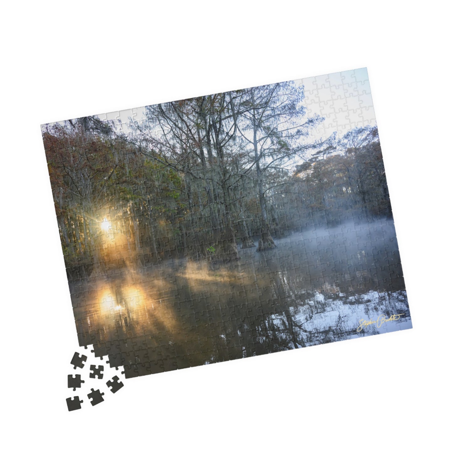 Jigsaw Puzzle -- Caddo Lake Sunrise -- Fire and Mist by Stephen Predtechenskis (110, 252, 520, or 1014-piece)