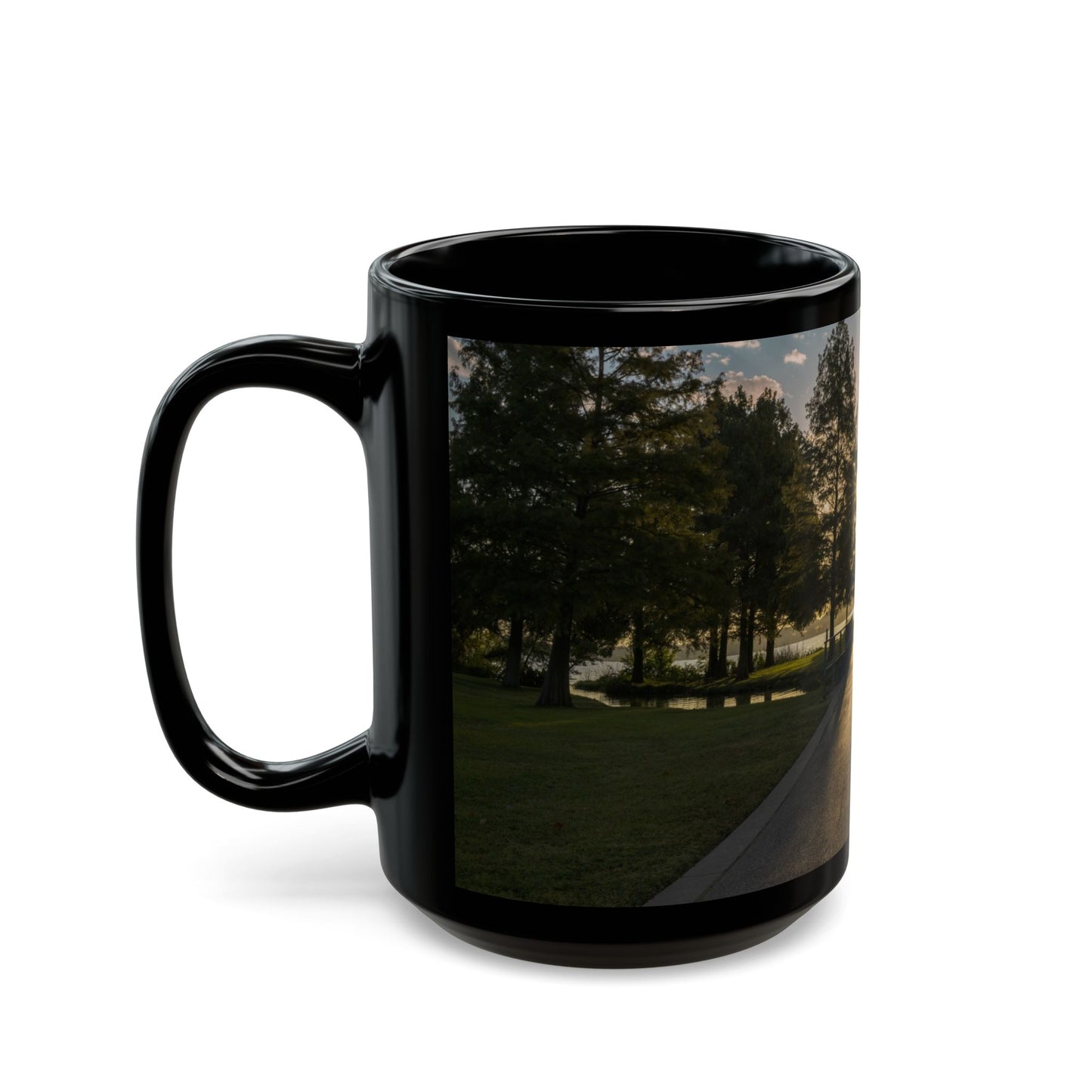 Black Coffee Mug (11oz, 15oz) -- White Rock Sunrise on the Path