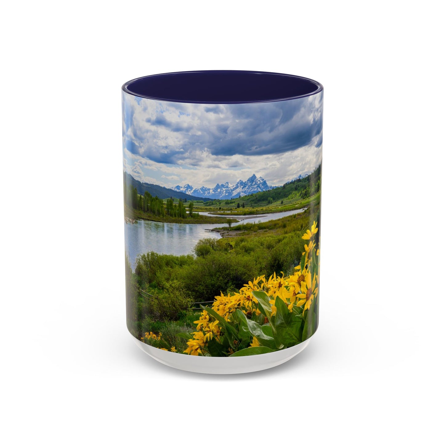 Accent Coffee Mug (11oz, 15oz) -- Yellow Flower Scene at Grand Teton Mountains