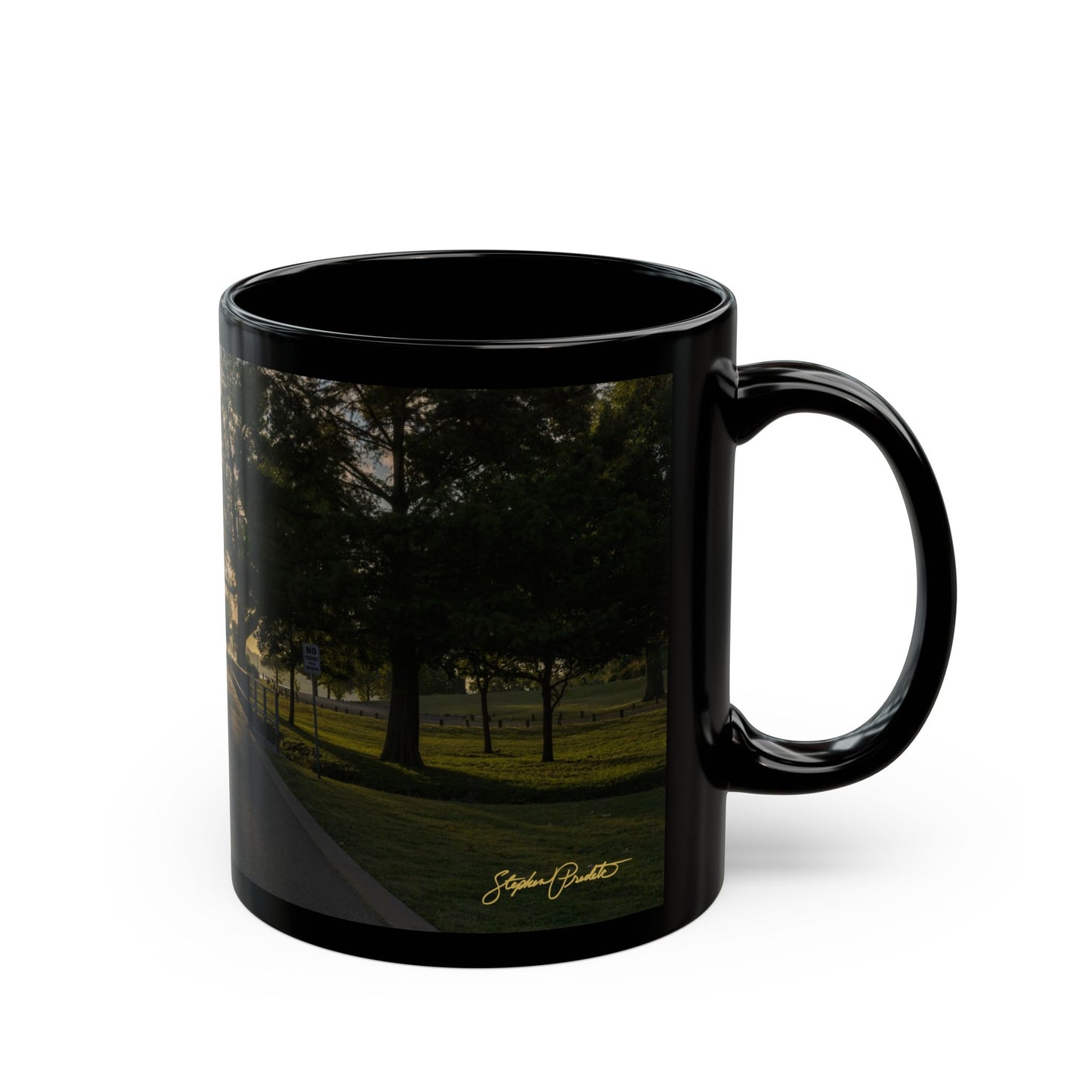 Black Coffee Mug (11oz, 15oz) -- White Rock Sunrise on the Path