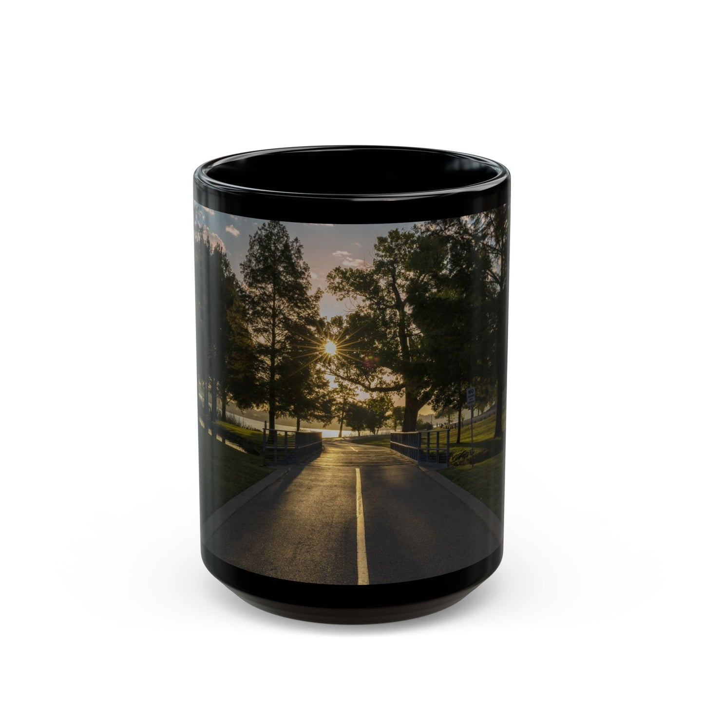 Black Coffee Mug (11oz, 15oz) -- White Rock Sunrise on the Path