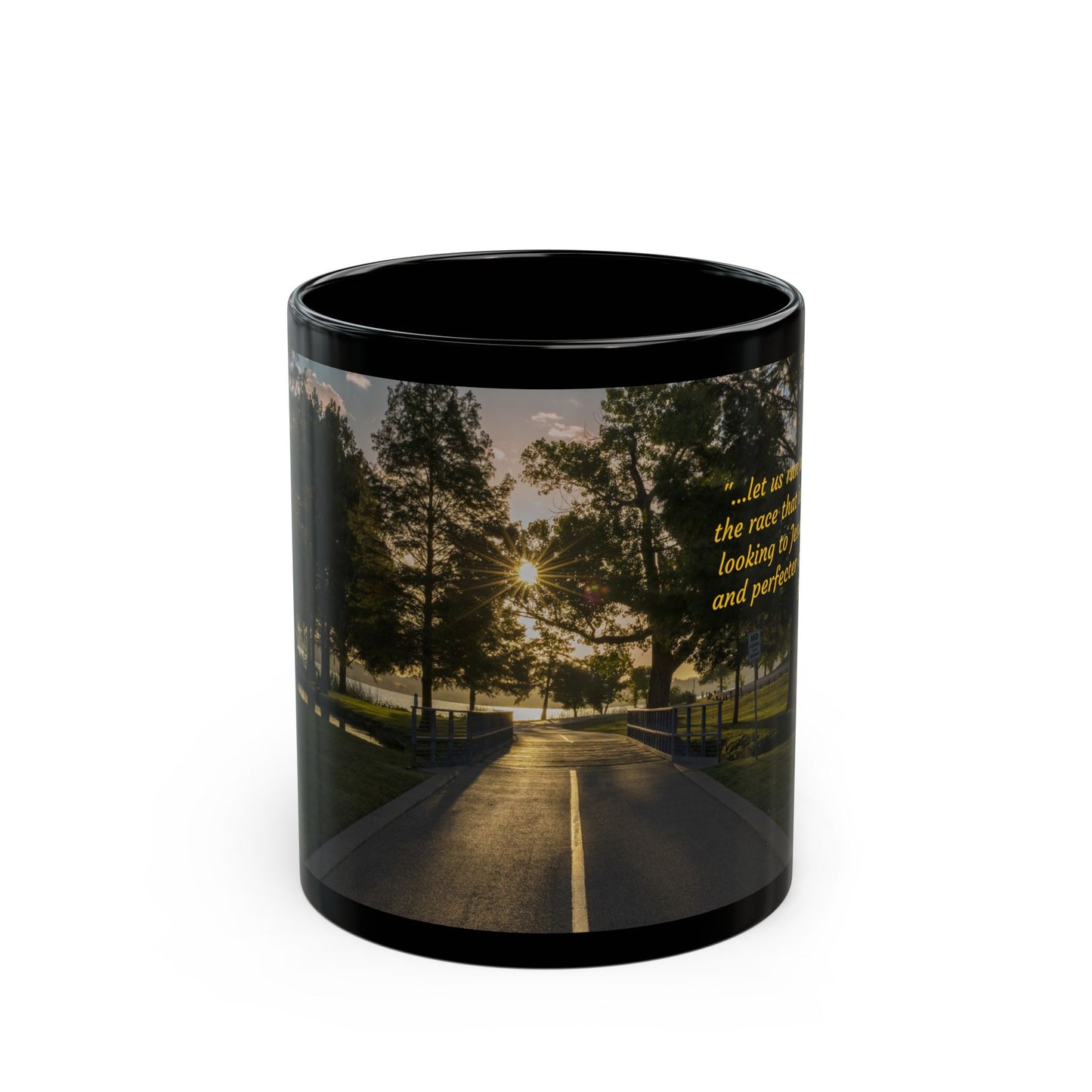 Black Coffee Mug (11oz, 15oz) -- White Rock Sunrise / Run with endurance (Hebrews 12:1-2)