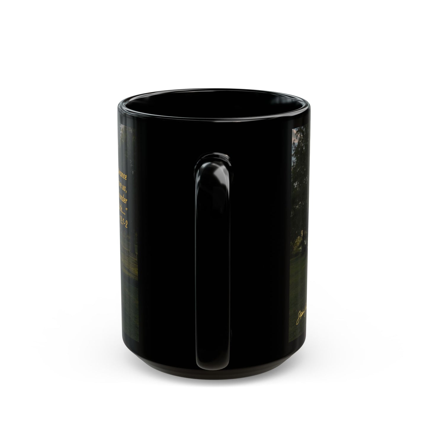 Black Coffee Mug (11oz, 15oz) -- White Rock Sunrise / Run with endurance (Hebrews 12:1-2)
