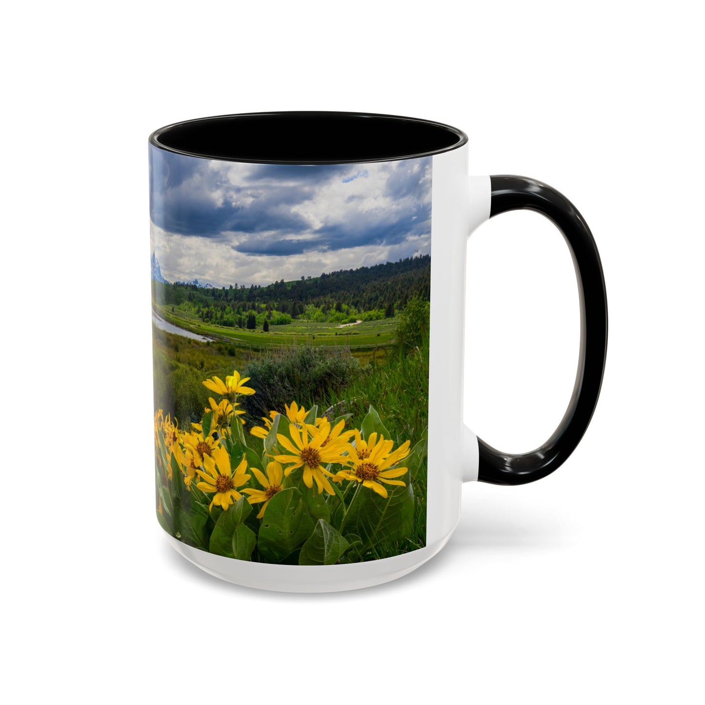 Accent Coffee Mug (11oz, 15oz) -- Yellow Flower Scene at Grand Teton Mountains