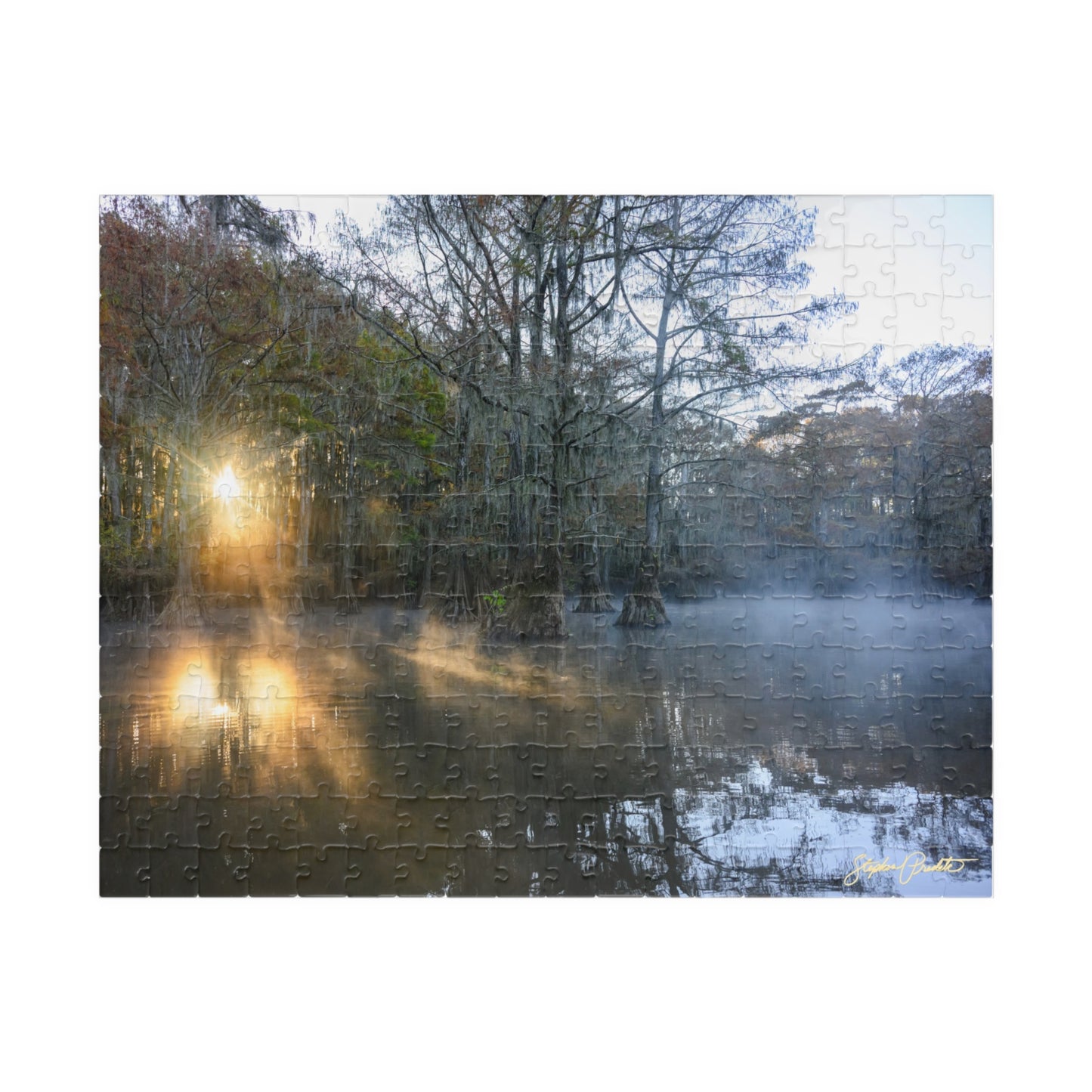 Jigsaw Puzzle -- Caddo Lake Sunrise -- Fire and Mist by Stephen Predtechenskis (110, 252, 520, or 1014-piece)