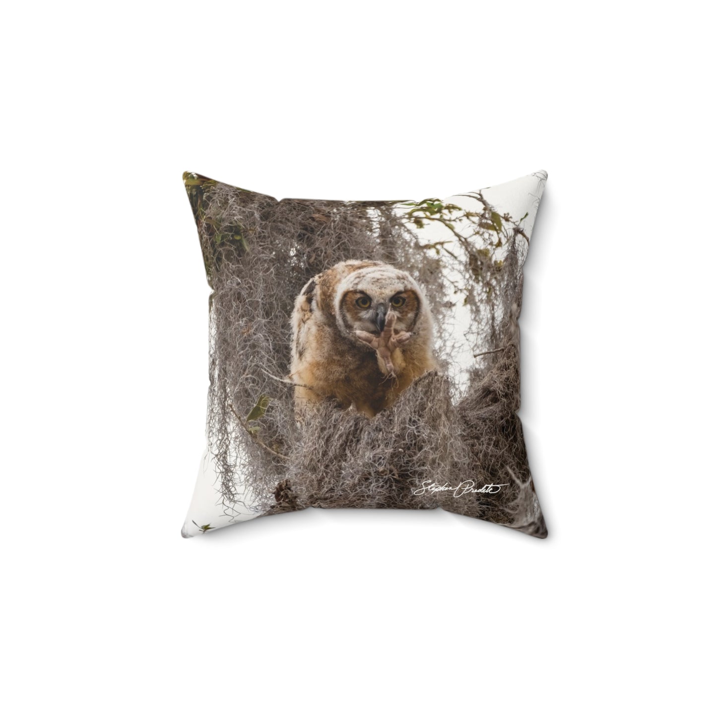 Throw Pillow -- Great Horned Owl 'Baby Yoda' -- Faux Suede Square Pillow