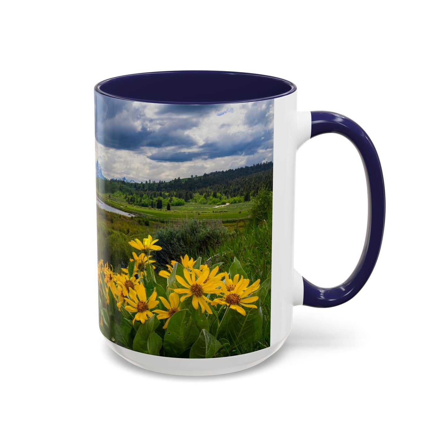 Accent Coffee Mug (11oz, 15oz) -- Yellow Flower Scene at Grand Teton Mountains