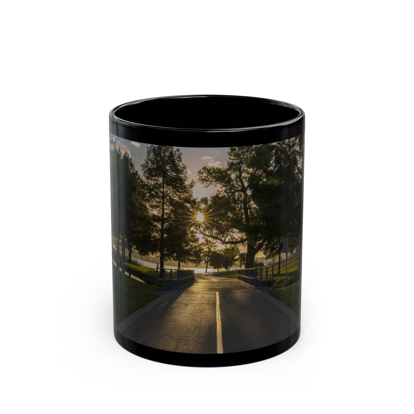 Black Coffee Mug (11oz, 15oz) -- White Rock Sunrise on the Path