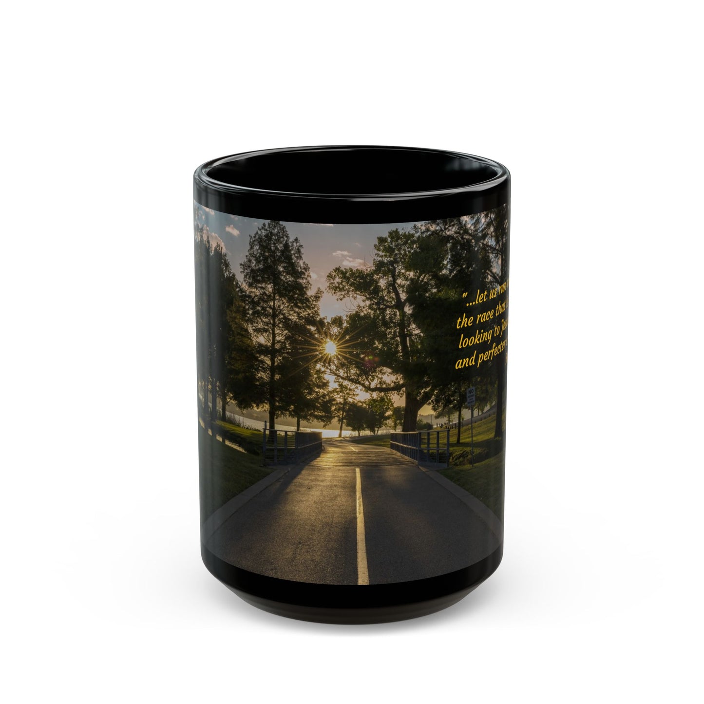 Black Coffee Mug (11oz, 15oz) -- White Rock Sunrise / Run with endurance (Hebrews 12:1-2)