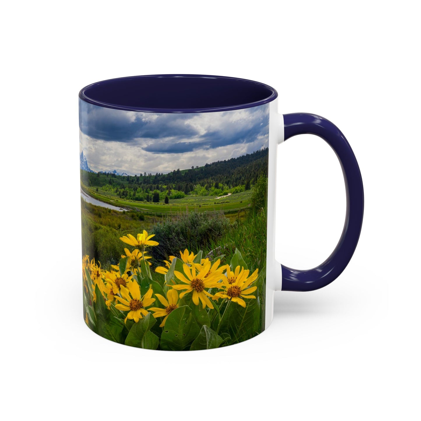 Accent Coffee Mug (11oz, 15oz) -- Yellow Flower Scene at Grand Teton Mountains