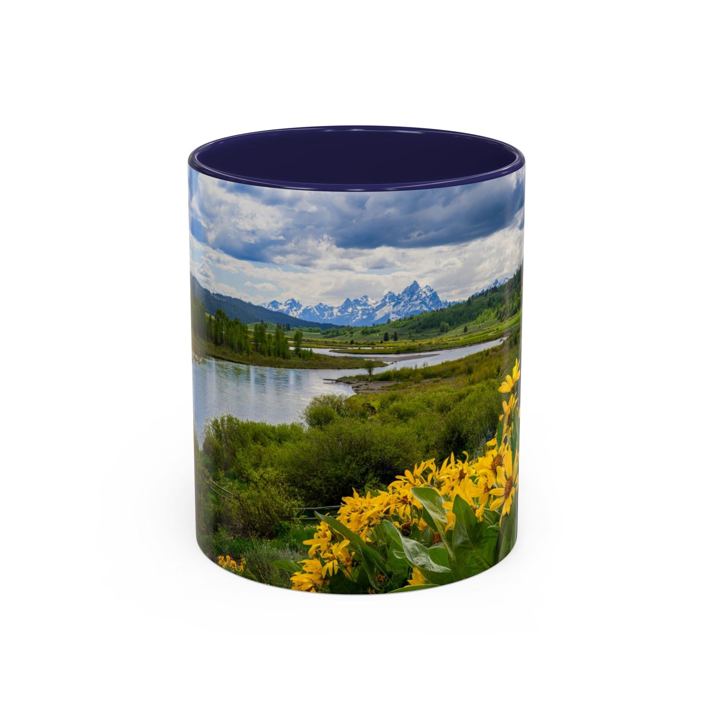 Accent Coffee Mug (11oz, 15oz) -- Yellow Flower Scene at Grand Teton Mountains