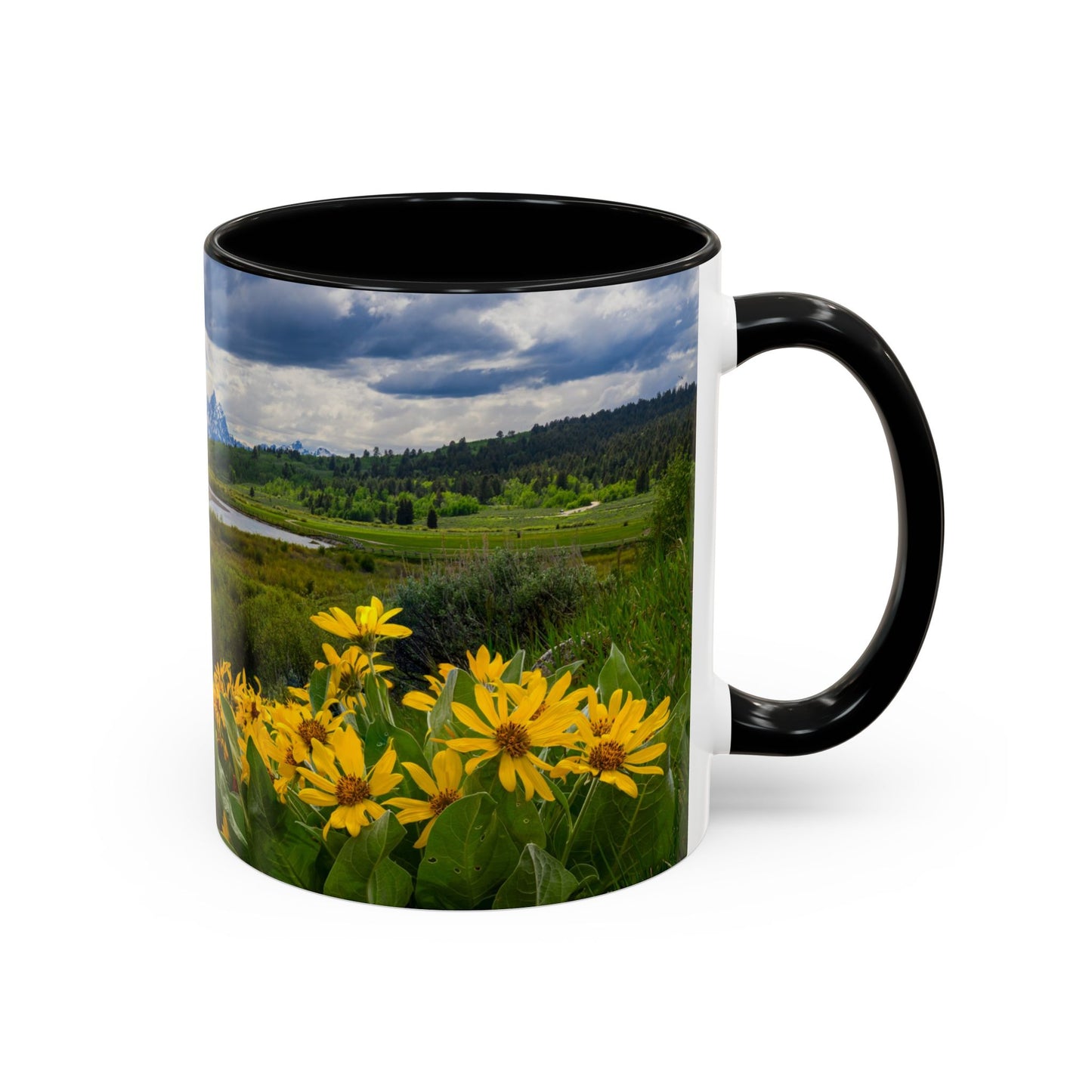 Accent Coffee Mug (11oz, 15oz) -- Yellow Flower Scene at Grand Teton Mountains