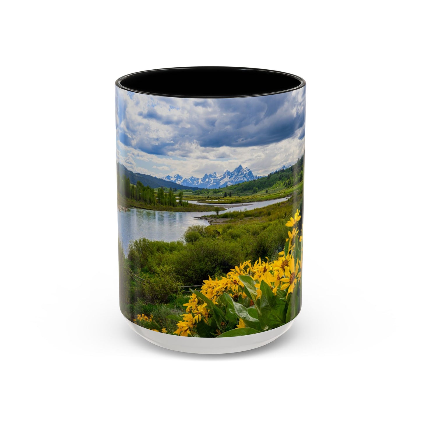 Accent Coffee Mug (11oz, 15oz) -- Yellow Flower Scene at Grand Teton Mountains