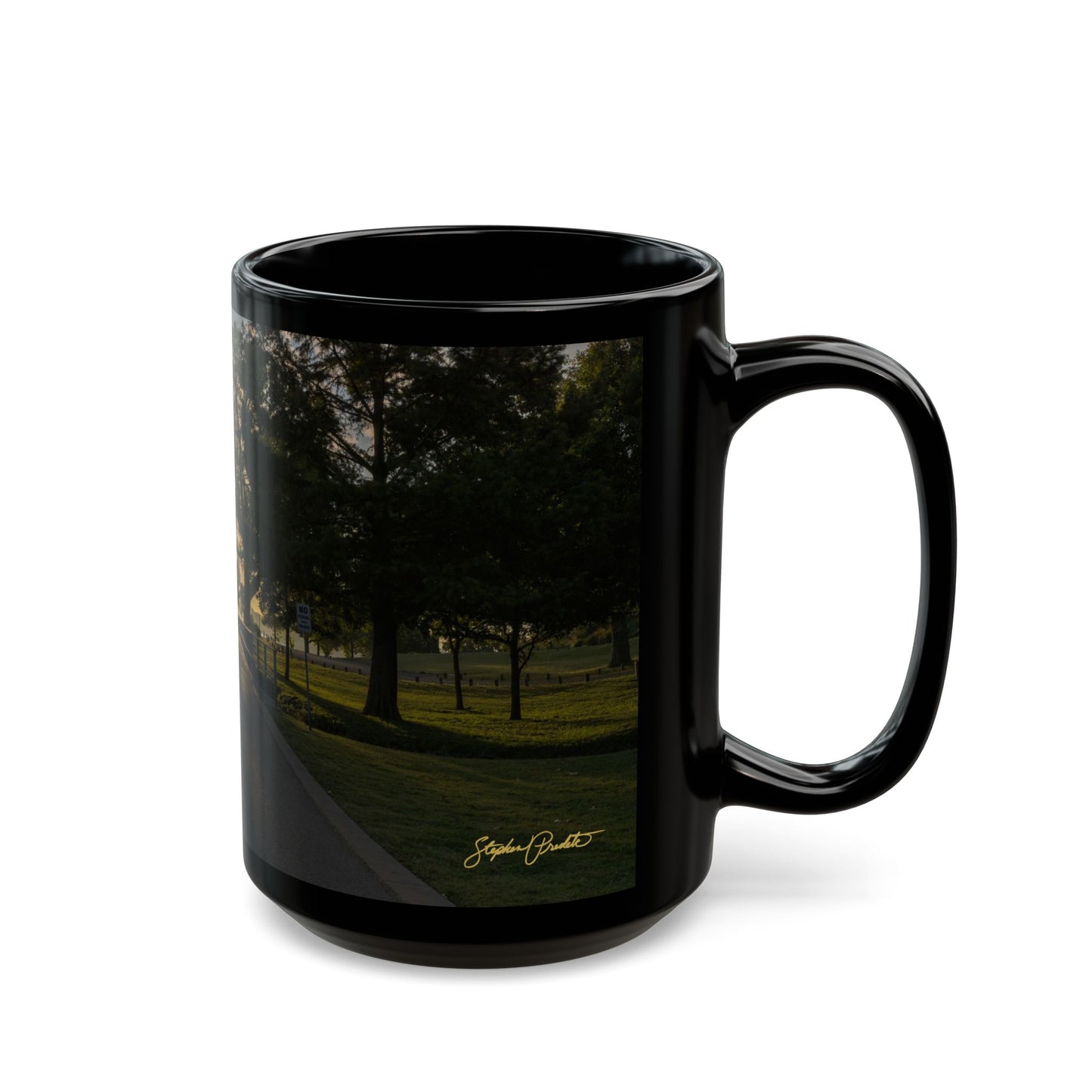 Black Coffee Mug (11oz, 15oz) -- White Rock Sunrise on the Path