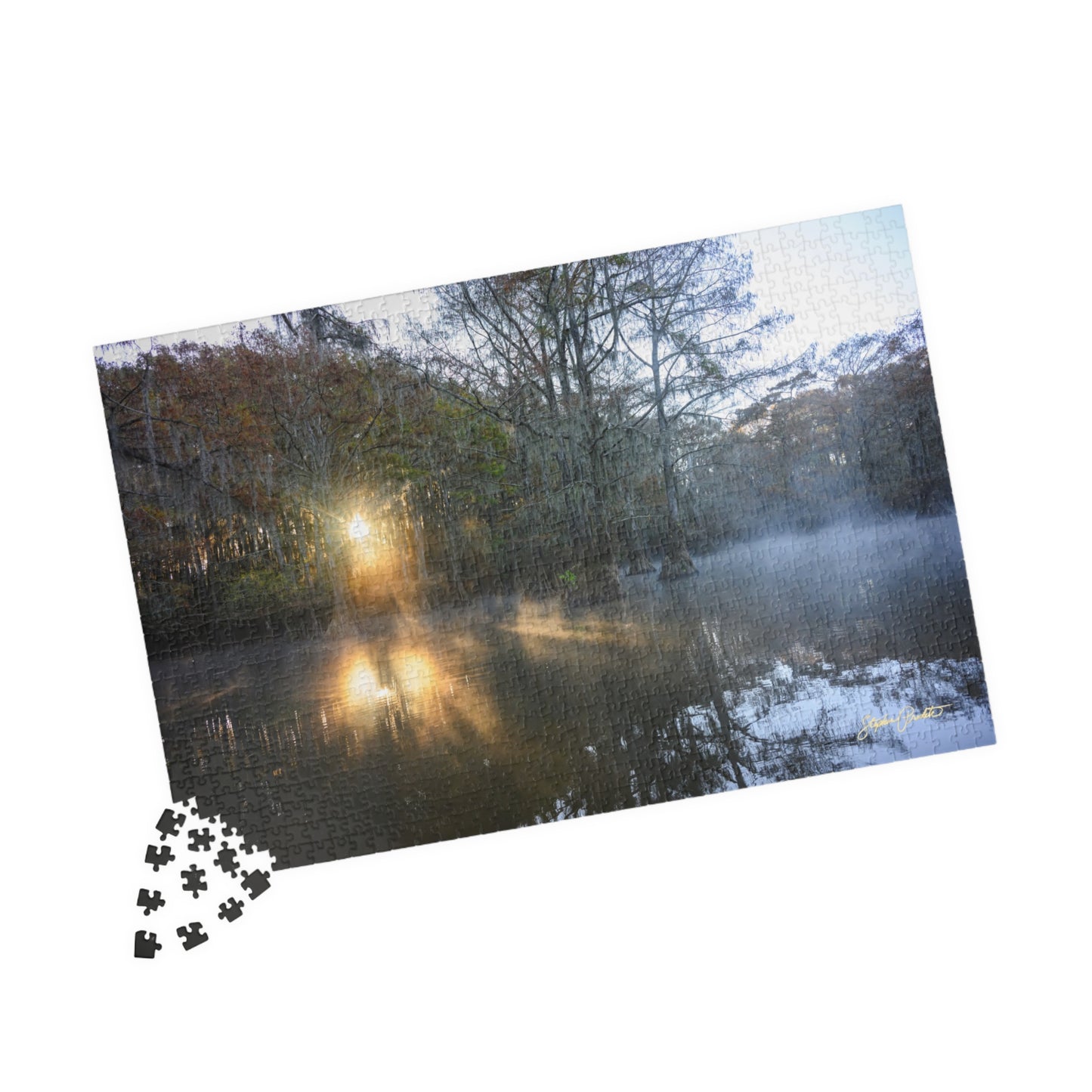 Jigsaw Puzzle -- Caddo Lake Sunrise -- Fire and Mist by Stephen Predtechenskis (110, 252, 520, or 1014-piece)